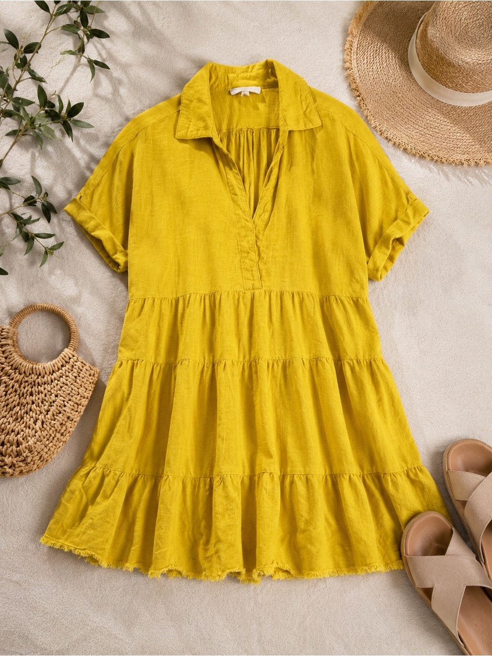 Umgee Mustard Yellow Linen Blend Tiered Babydoll Mini Dress Boho Medium